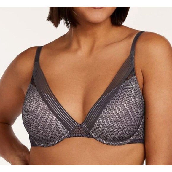 ThirdLove Womens Modern Mesh Plunge Bra 30F Blue Gray Dark Teal Lace - Picture 1 of 5